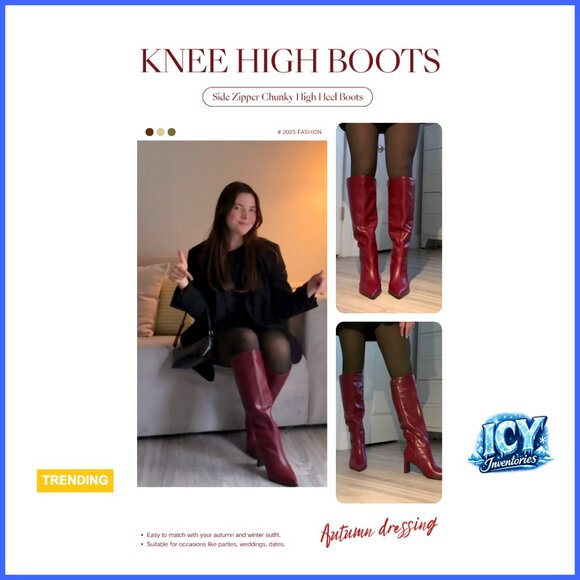 Faux Leather Knee High Boots Chunky Heel Pointed Toe Side Zipper - Picture 7 of 7